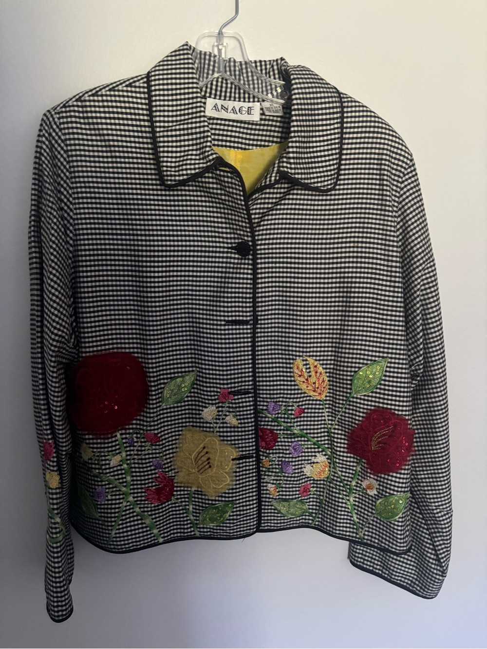 Anagee Women's Black & White Gingham Jacket with Floral Embroidery